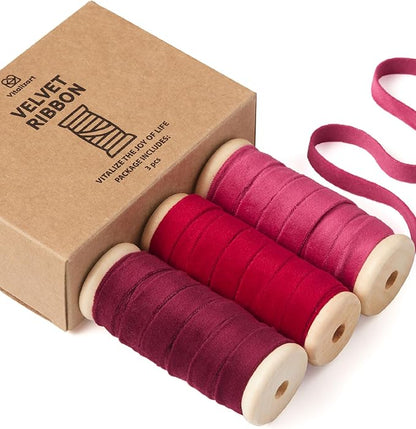 Vitalizart Red Velvet Ribbon Set 3/8" x 15 Yd Burgundy Fabric Trim 3 Rolls * 5 Yd for Christmas Wreath Decoration Handmade Craft Ornaments Gift Wrapping & Bow Making