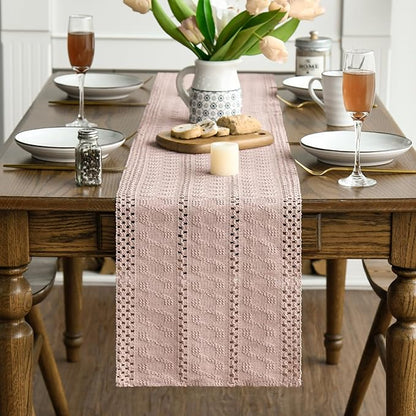 Artoid Mode Pink Farmhouse Woven Rustic Hollow Table Runner, Seasonal Holiday Hollow Kitchen Dining Table Decoration for Home Party Decor 12x108 Inch