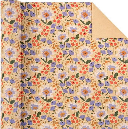 WRAPAHOLIC Kraft Floral Wrapping Paper Roll - Mini Roll - 17 Inch x 16.5 Feet - Watercolor Flower Wrapping Paper, Perfect for Wedding, Birthday, Bridal Shower, Tea Party