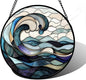 Stained Glass Window Hanging, Ocean Waves Sun Catchers Diamond Glass Panel Hangings Abstract Suncatcher Decor for Birthday for Women, Men, Wife, Aunt, and Mom 11.8x11.8 in