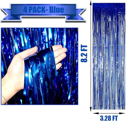 4 Pack Blue Foil Fringe Curtain Backdrop, 3.28Ftx8.2Ft Metallic Tinsel Streamers for Sea Party, Photo Booth Props, Birthday, 2022 Summer Ocean Theme Party Decoration Supplies