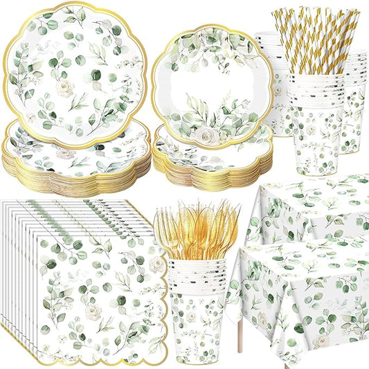 452 Pcs Sage Green Baby Shower Party Decorations for 50, Eucalyptus Leaves Paper Plates Napkins Cups Tablecloth Cutlery Straws for Bridal Baby Shower Birthday Woodland Party Supplies