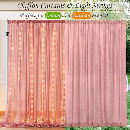 10ft x 10ft Dusty Rose Chiffon Backdrop Curtain with Lights String for Parites Wedding Wrinkle Free Curtain Photo Backdrops Drapes for Baby Shower Birthday Party Home Decorations