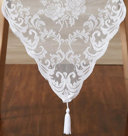 LinenZone White Table Runner with 2 Tassels for Rustic Vintage Decor. Lace Table Runner Works Great As Wedding, Thanksgiving or Christmas Decor (Mia 14 x 36, White)