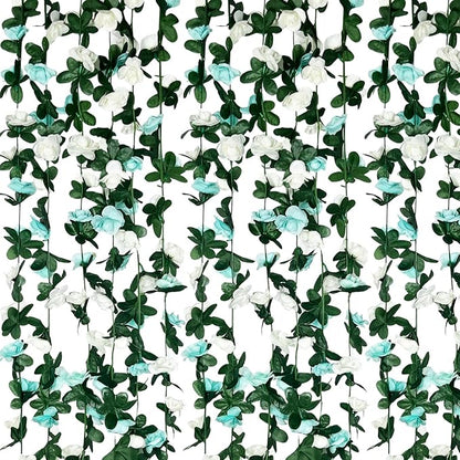 8Pcs 63Ft Teal&White Rose Garland, Fake Rose Hanging Flowers, Artificial Flower Vine, Hanging Floral Vine Garland for Wedding, Birthday Party, Wall Arch, Halloween, Christmas Garden Backdrop Decor