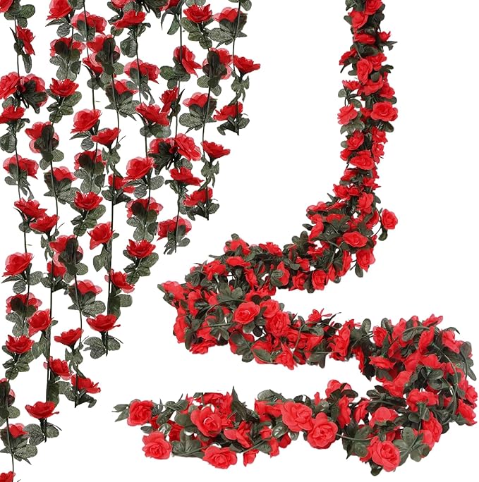 10 Pcs 82FT Flower Garland, Artificial Rose Garland Flowers Plants Fake Flower Hanging Rose Ivy, Birthday Party Valentine's Day Wedding Wall Arch Decor（Red）