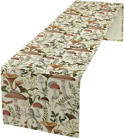 Mushroom Table Runner,Vintage Forest Flower Plant Print Table Runner for Kitchen Dining Table Home Party Decoration 13x108 Inch