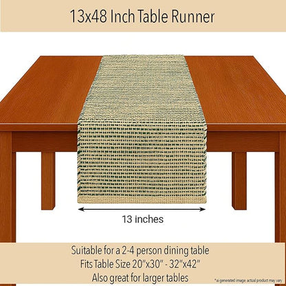 Chardin home Natural Jute Table Runner 13x48 Inch – Vintage Boho Rustic Table Decor – Handwoven Table Runner in Natural Jute and Green – Farmhouse Dining or Console Table Accent