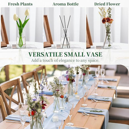 Glass Bud Vases for Centerpieces, Small Flower Vase in Bulk Set of 20, Modern Clear Mini VaseS for Rose Tulip, Wedding Party Dining Table Decor