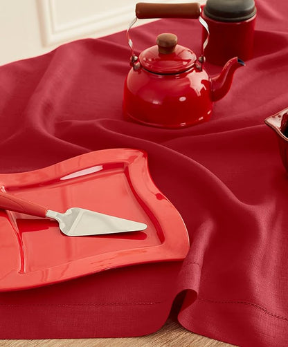 Solino Home Red Linen Tablecloth 52 x 52 Inch - 100% Pure Linen Square Table Throw - Classic Hemstitch, Machine Washable Table Cloth for Christmas