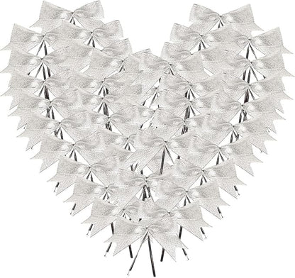 50pcs 3-1/2" Silver Twist Ties Metallic Silver Bows with Twist Tie Bows Fish Tail Cuttiog(Silver.)