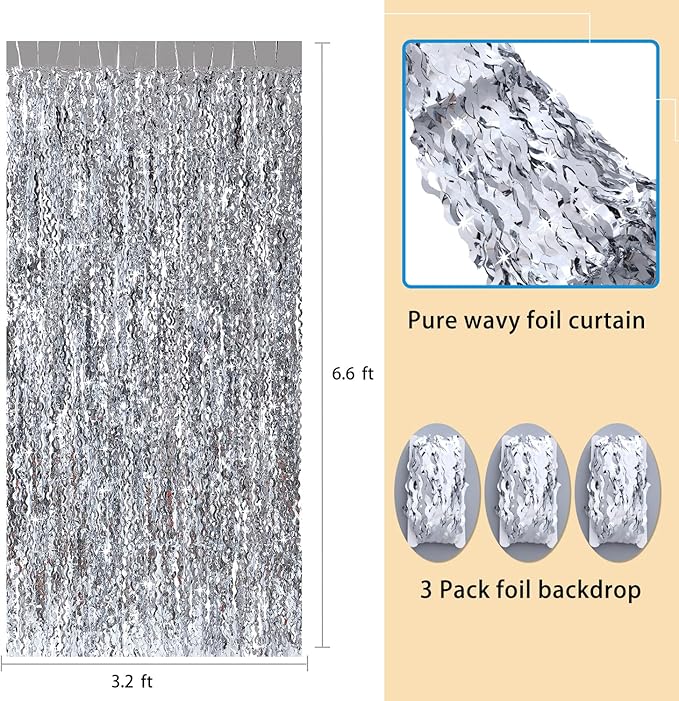 3 Pack Wave Silver Tinsel Curtain - 3.3x6.6 Feet Foil Streamers Birthday Party Decorations Wedding Background Decor Photo Booth Props