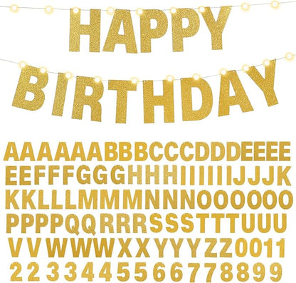 TaoBary 112 Pcs DIY Letter Kit Glitter Customizable Banner Letters Include 107 Letters and Numbers 3 Rope and 2 Needles for Birthday Halloween Christmas Wedding Valentine Party Decor(Gold)
