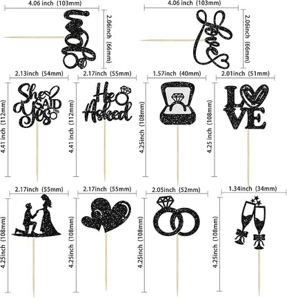 Ephlyn 30Pcs He Asked She Said Yes Cupcake Toppers Glitter Engagement Cupcake Toppers Diamond Ring Heart Love I Do Cupcake Picks for Engagement Wedding Party Cake Decorations Black