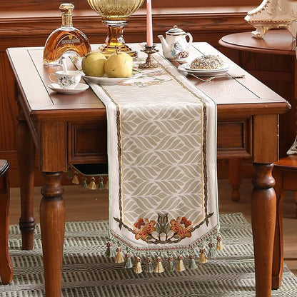 patdrea Designer Elegant French Floral Velvet Table Runner 87 Inch Long, Green with Orange Blossoms Pattern Table Mat, Decor for Kitchen Dining Coffee Table Cabinet Banquet Thanksgiving,12"*87"