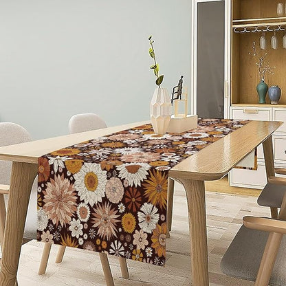 Boho Floral Table Runner, Vintage Country Farmhouse Daisy Flowers Modern Kitchen Dining Room Decoration for Indoor and Outdoor Wedding Party Banquet Table Runner 13x90 Inch