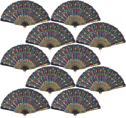 QIRMIZI 10 Pack Fabric Folding Handheld Fans, Perfect for Weddings, Parties, and Dancing,Multicolour