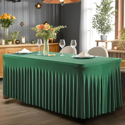 Wish Care 6 Pack Hunter Green Spandex Table Clothes for 6 Foot Rectangle Tables, 6FT Wrinkle Free Fitted Tablecloths Ruffles Design Table Cover for Party, Banquet, Wedding and Events