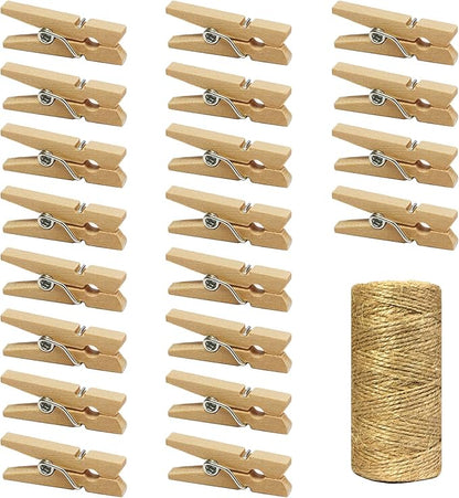 Mini Wooden Clothespins With Jute Twine, 250pcs, 1 Inch Photo Paper Peg Pin Craft Clips With 66ft Natural Twine for Scrapbooking, Arts & Crafts, Hanging Photos (Natural Color)