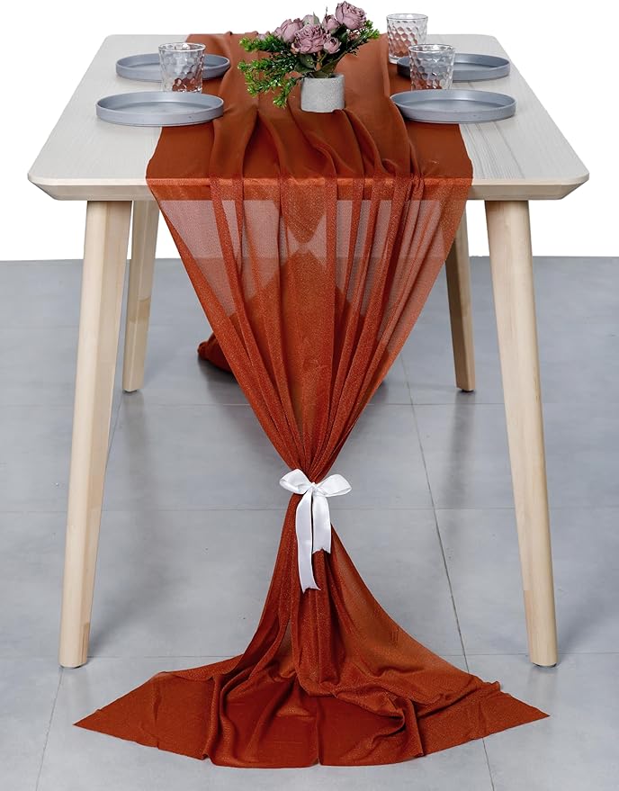 MDS 20 Pack 10ft Chiffon Table Runner 29 x 120 Inches Sheer Wedding Runner Romantic Rustic Table Runner for Wedding Decorations, Birthday Parties, Bridal Shower Party Arch Decor - Terracotta