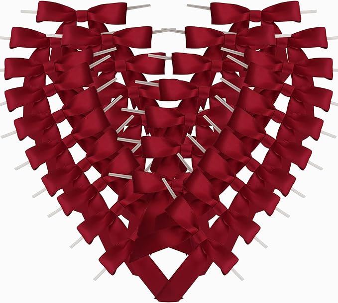 50pcs 2-1/2" Burgundy Satin Ribbon Bows with Twist Tie Bows for Christmas Gift Packing&Wrapping (Burgundy)