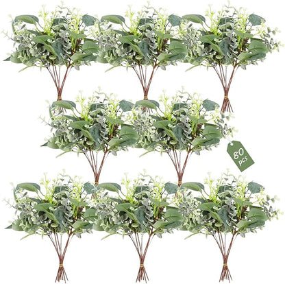 80 Pcs Mixed Eucalyptus Leaves Stems Bulk Artificial Silver Dollar Leaves for Vase Bouquets Baby Eucalyptus Leaves for Family Wedding Center Flower Arrangement
