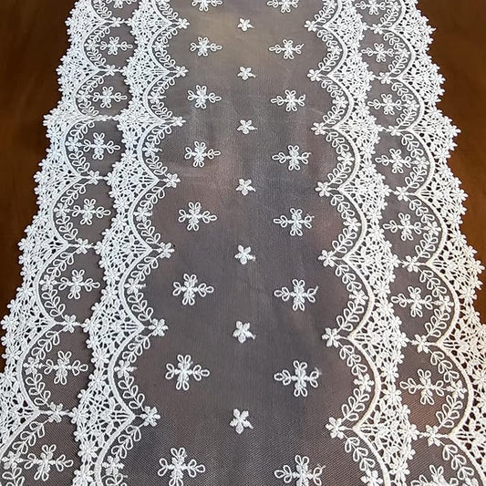 Inicia Table Lace Runner 12×86 inch Embroidered for Holiday Wedding Picnic Daily Dinner Tables White Decor (Polyester, 12"×86" (31cm×220cm))