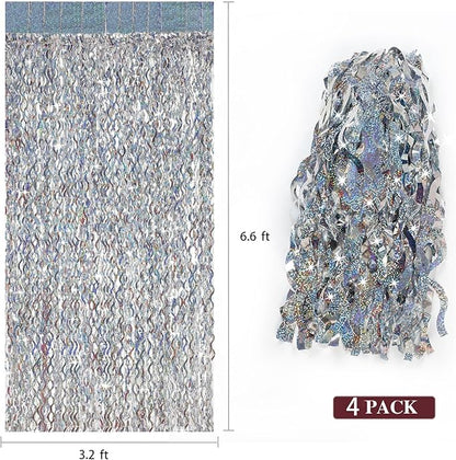 4 Pack Silver Tinsel Backdrop - CYLMFC 3.3 ft x 6.6 ft Streamer Metallic Tinsel Foil Fringe Curtains Photo Booth Props Wall Curtains for Bachelorette Birthday Party Decor