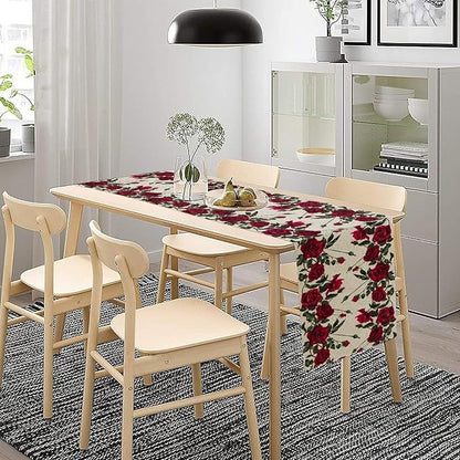 Rose Table Runner, Retro Red Rose Flowers Green Leaves Valentine's Day Kitchen Dinning Table Runner for Indoor Outdoor Home Wedding Party Holiday, 13x90 Inch