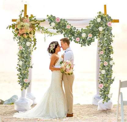 N&T NIETING 2 Pack Artificial Eucalyptus Garland with Flowers, Faux Greenery Garland Decor 6FT Eucalyptus Vines, Fake Hanging Vines Summer Garlands for Mantle Wedding Backdrop Decorations