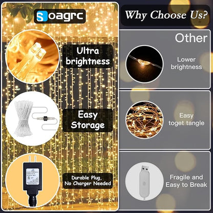 200 LED Curtain String Lights 9.8 * 6.6FT Plug in Fairy with Timer and 8 Modes, Waterproof Window Wall for Bedroom Wedding Party Indoor Outdoor Christmas Decor