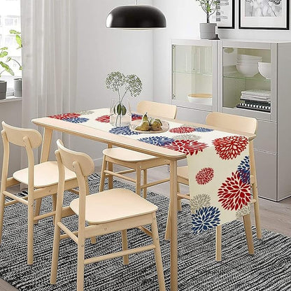 4th of July Table Runner, Blue Red Dahlia Flower American Patriotic Memorial Day Table Runner for Farmhouse Kitchen Dining Table Party Decor, 13x36inch