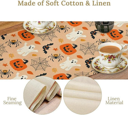 Halloween Table Runner,Cute Ghost Pumpkin Leaves Table Runner for Kitchen Dining Table Decoration Home Party Decor 13x36 Inch