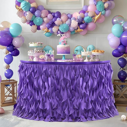 PARTISKY Mermaid Purple Tulle Curly Willow Table Skirt for Rectangle Table 9ft, Ruffle Tutu Table Cloth for Girls Boys Baby Shower,Mermaid Birthday Party