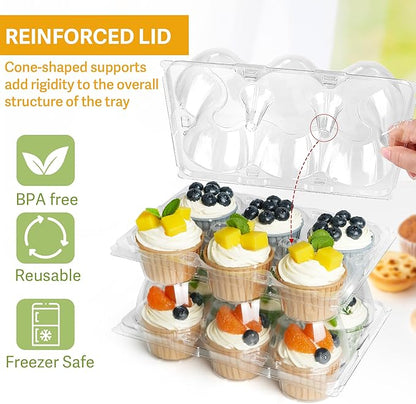 LotFancy Cupcake Containers 6 Count, 10 Sets, Clear Plastic Cupcake Boxes, Disposable Cupcake Carriers with Detachable Tall Dome Lid, BPA Free, Standard Size