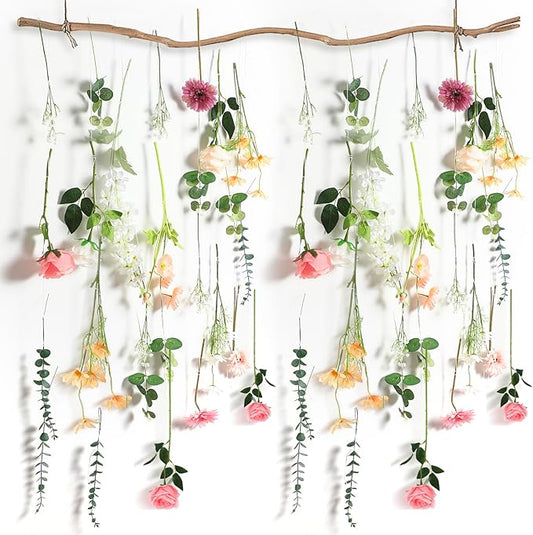 Hoteam 51 Pcs DIY Flower Garland Artificial Hanging Wildflower Backdrop Set Fake Rose Eucalyptus Daisy Poppy Wild Flower Decor for Wedding Party Birthday Home Garden (White,Champagne,Pink)