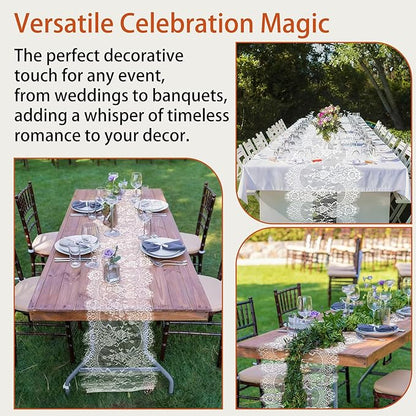 3 Pcs White Lace Table Runners 14 x 120 Inch Boho Rose Embroidered Floral Vintage Rustic Table Decoration for Wedding Party Bridal Shower Decorations