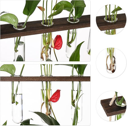 YIBOT Propagation Stations,3 Tiered Wall Hanging Terrarium with Wooden Stand,Mini Glass Test Tubes Vase,Propagation Tubes for Hydroponic Cutting Home Garden Office Decor Plant Lover Gift