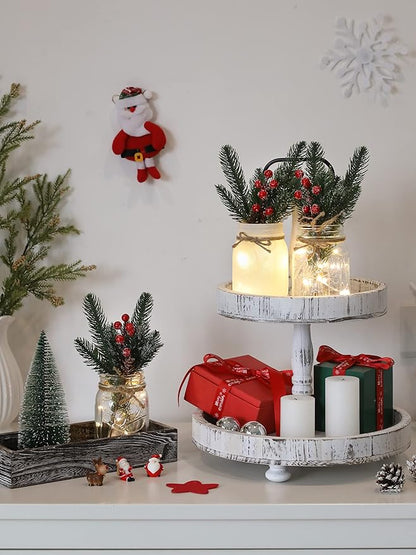 Christmas Mason Jars, Christmas Centerpiece Table Settings, Wood Tray with 3 Painted Jars, Dining Coffee Table Centerpiece, For Kitchen, Living Room, White Mason Jar Decor with Flowers
