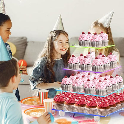 Rechargeable LED Cupcake Stand for 50 Cupcakes, 7 Colors Light Clear Cupcake Holder, 4 Tier Cupcake Tower, Acrylic Dessert Table Display Set for Weddings, Christmas, Birthday, Parties