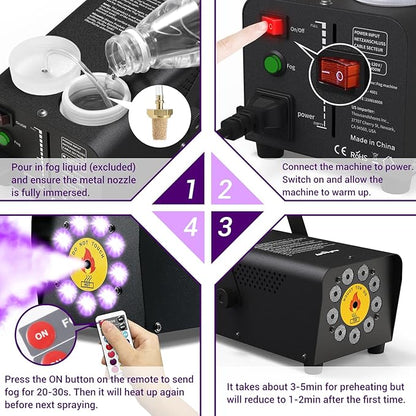Smoke Machine, Theefun Fog Machine 450w 2500CFM with 9 LED 12 Color Lights Portable 500ml Tank No Liquid Included Stage Smoke Machine Fog Indoor with Wireless Remote Control for Wedding DJ Party