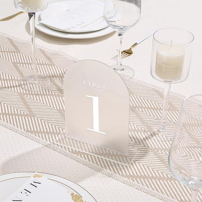 UNIQOOO Frosted Arch Wedding Table Numbers with Stands 1-15, 5x7" Acrylic Display Signs and Holders, Pack of 15, Perfect for Centerpiece, Reception, Decoration, Party, Anniversary, Event