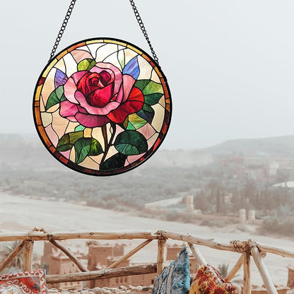 Stained Glass Window Hanging - Pink Rose Suncatcher for Door Garden Home Decor Birth Flower Sun Catcher Christmas Birthday for Friend Lovers Women Mom Nana 7.8 in
