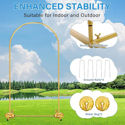 Heavy Duty Metal Arch Backdrop Stand, 6FT Stable Gold Arch Stand with Ground Stakes and Water Bags, Balloon Arch Stand for Wedding Party Baby Shower Photo Flower Arch Decration (6FT)