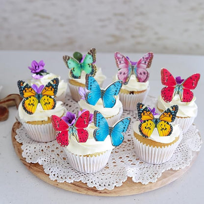 Ephlyn 48Pcs Edible Butterfly Cupcake Toppers 3D Mixed Color Cake Picks 3D Butterfly Cake Decorations for Baby Shower Boys Girls Birthday Party Decoration Supplies Colorful