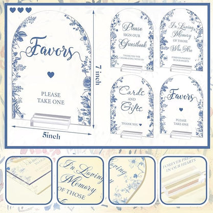 4 Pcs Flower Acrylic Wedding Signs for Ceremony and Reception Guest Book Wedding Cards and Gifts Sign Please Take One Couple Loving Memory table Decor(Blue Flower)