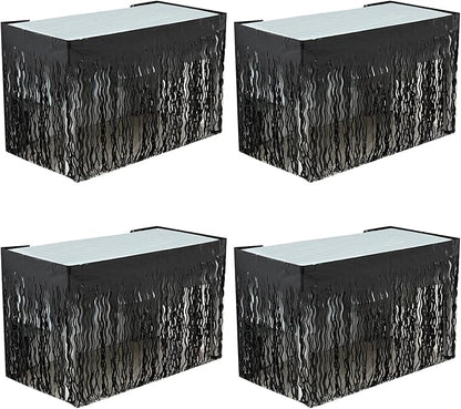 4P Wavy Metallic Tinsel Foil Fringe Table Skirts for Rectangle Tables Backdrop Garland Curtains for Parade Floats Wedding Birthday Parties Decoration Graduation 2025 Christmas (Black)