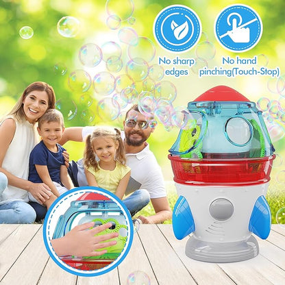 Rocket-Shaped Bubble Machine for Kids & Pets - Dual Powerful Bubble Outlets, Automatic 360° Rotation, Adjustable LED Lights & Music – Ideal for Indoor/Outdoor Birthday Parties