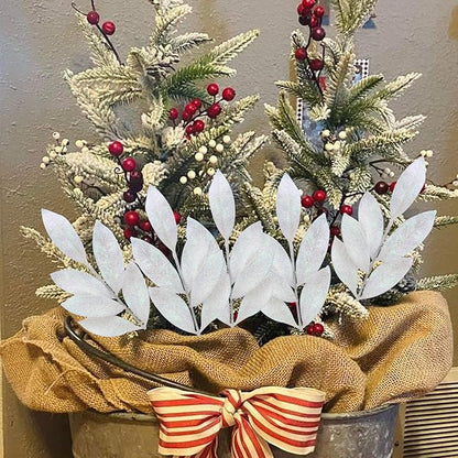 GREENTIME 12 Pack Artificial White Glitter Leaves 13" Fake Christmas Picks Decorative Glitter Sticks for Vase Christmas Tree DIY Wreath Crafts Fireplace Decor