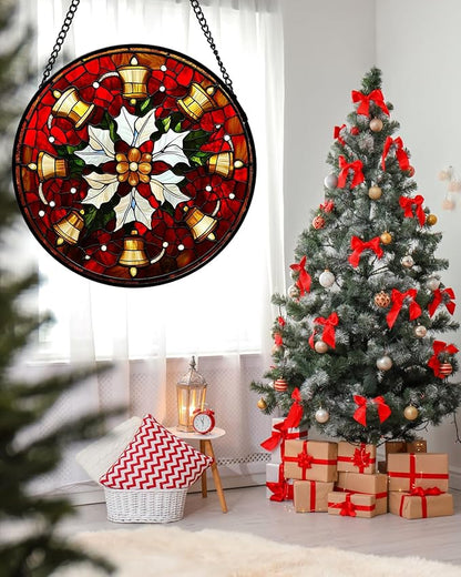 Stained Glass Window Hanging - Golden Bells Flowers Suncatcher for Doors Home Christmas Decoration Winter Sun Catcher Thanksgiving New Year Birthday Gift for Friend Women Men Mom Nana 15 in
